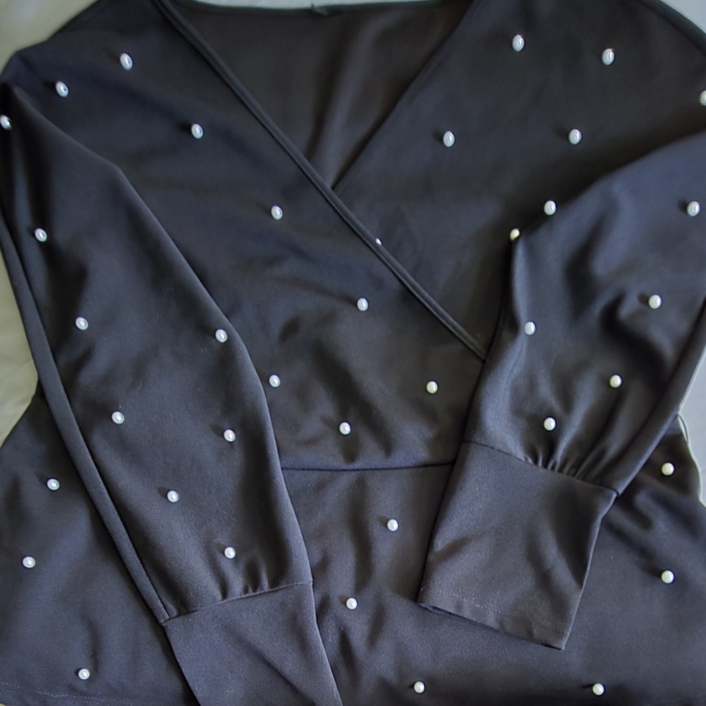 Black Long Sleeve Top with Pearl Accents